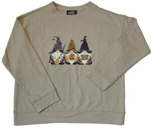 Feeling Festive Halloween 3 Gnomes Witches Halloween Tan Sweatshirt Women Siz M